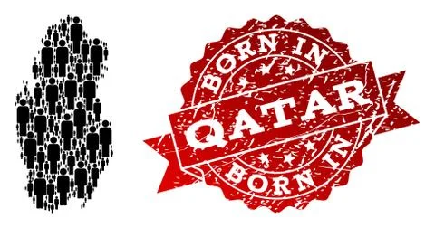 Crowd Composition of Mosaic Map of Qatar and Distress Born In Seal Stamp Stock Illustration