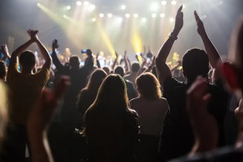 Crowd at concert and blurred stage lights . Stock Photos