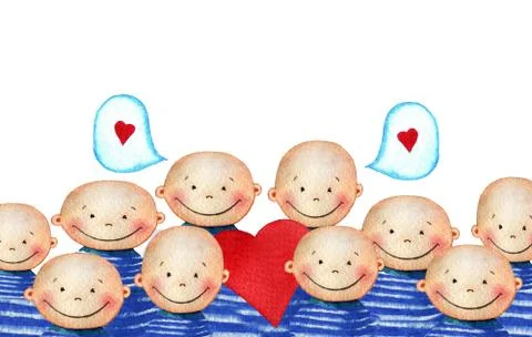 Crowd of cute smiling boy holding heart Stock Illustration
