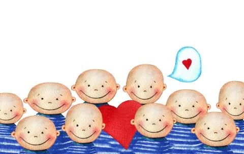 Crowd of cute smiling boy holding heart Stock Illustration