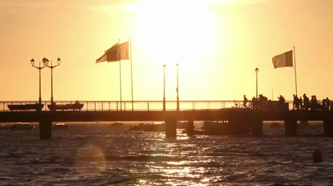 Crowd of Cyclists Crossing Pier During Sunset  Stock Footage 29152822