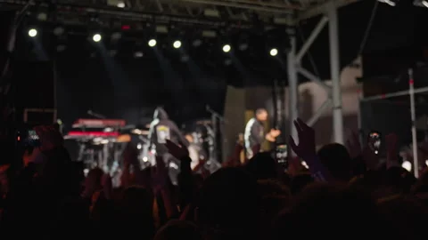 Crowd dances and has fun near the stage at a night concert Stock Footage 345452494