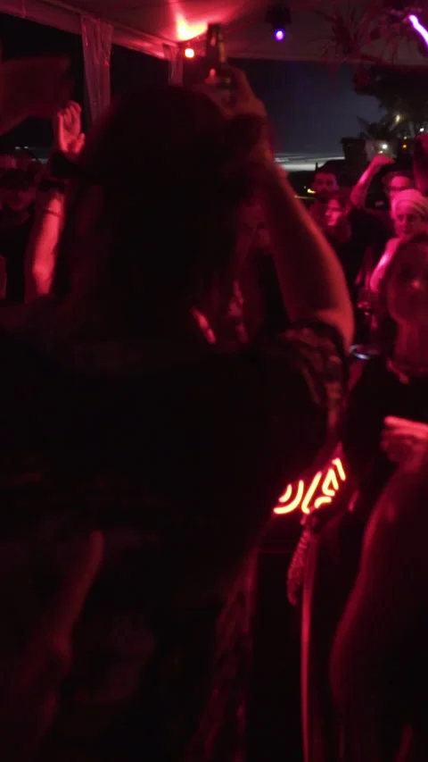 Crowd Dancing Around DJ Booth at Beach Club Night Party Stock Footage 337902823