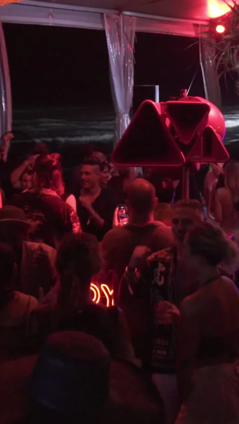 Crowd Dancing Around DJ Booth at Beach Club Night Party Stock Footage 337902833