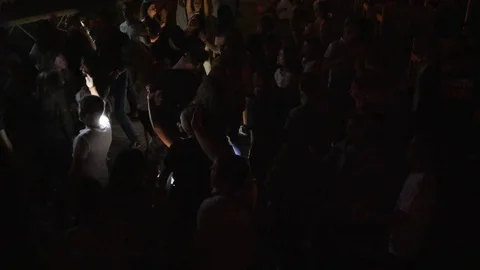 Crowd Dancing at bright lighting in slow motion, disco party, young people Stock Footage 80232996