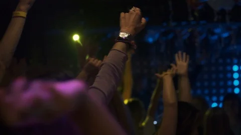 Crowd of dancing at a disco raises his hands up Stock Footage 121804174