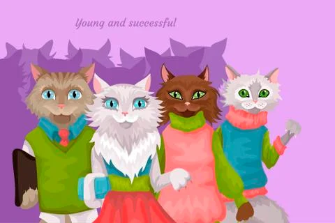 Crowd of different characters of cats, students, modern youth Stock-Illustration