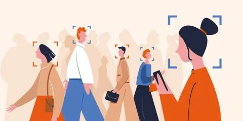 Crowd different colored people recognition face using modern identification Stock Illustration