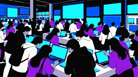 Crowd of diverse people interacting with computers and screens in a bright .. Stockillustratie
