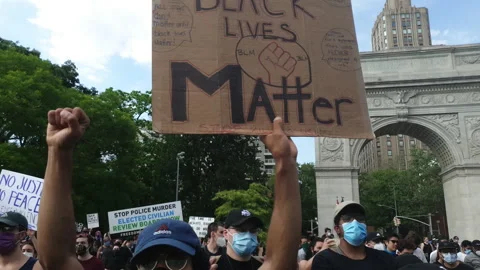 Crowd of Diverse Protesters hold signs at a BLM Rally in New York City Video stock 132299668