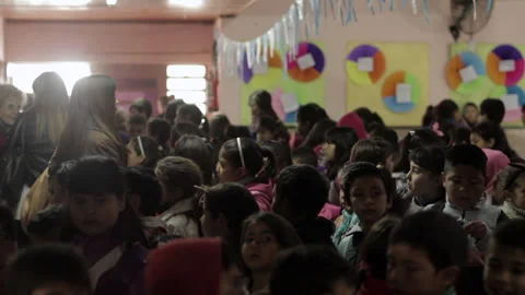 Crowd Of Elementary Students Gathering In Hallway Of Argentine Public School Stock Footage 344415503
