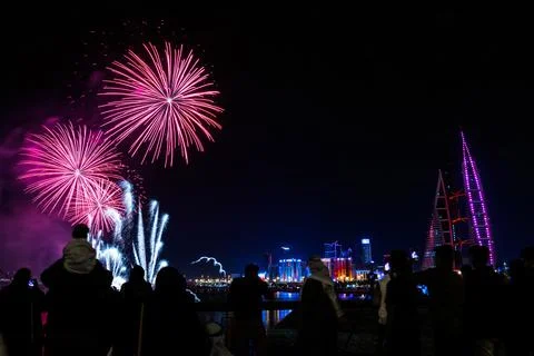 Crowd enjoying the firework Stock Photos