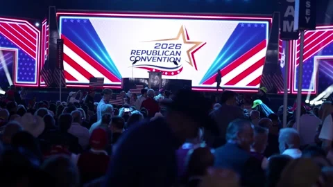 The crowd faces the main stage beneath the 2026 Republican Convention logo Stock Footage 345274204