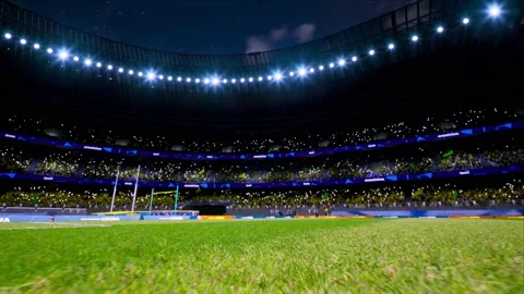 Crowd fan with flags around night soccer arena waving flashlights Stock Footage 155676789