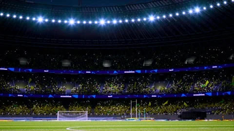 Crowd fan with flags around night soccer arena waving flashlights Stock Footage 155676842