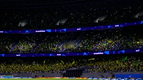 Crowd fan with flags around night soccer arena waving flashlights Stock Footage 155676958