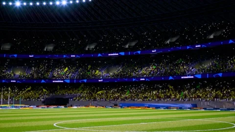 Crowd fan with flags around night soccer arena waving flashlights Stock Footage 155676990