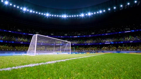 Crowd fan with flags around night soccer arena waving flashlights Stock Footage 155677012