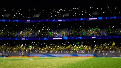 Crowd fan with flags around night soccer arena waving flashlights Stock Footage 155759183