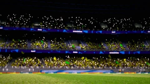 Crowd fan with flags around night soccer arena waving flashlights Stockbeeldmateriaal 155759232