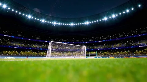Crowd fan with flags around night soccer arena waving flashlights Stock Footage 155759284