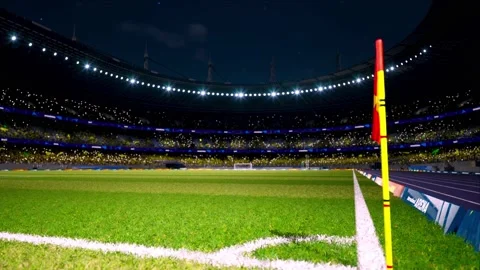 Crowd fan with flags around night soccer arena waving flashlights Stock Footage 155759312