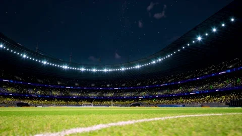 Crowd fan with flags around night soccer arena waving flashlights Stock Footage 155759352