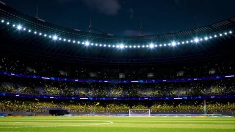 Crowd fan with flags around night soccer arena waving flashlights Stock Footage 155759398