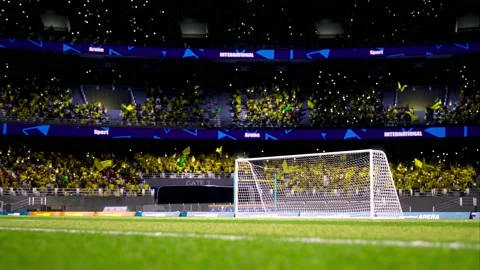 Crowd fan with flags around night soccer arena waving flashlights Stock Footage 155759414