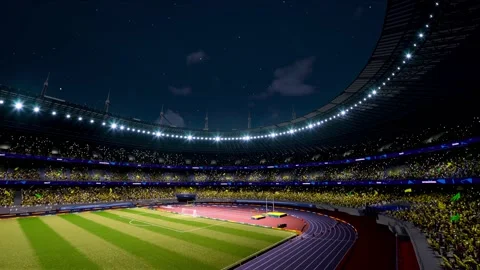 Crowd fan with flags around night soccer arena waving flashlights Stock Footage 155759439