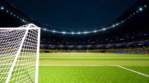 Crowd fan with flags around night soccer arena waving flashlights Stock Footage 155759512