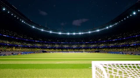 Crowd fan with flags around night soccer arena waving flashlights Stock Footage 155759563
