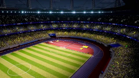 Crowd fan with flags around night soccer arena waving flashlights Stock Footage 155759593