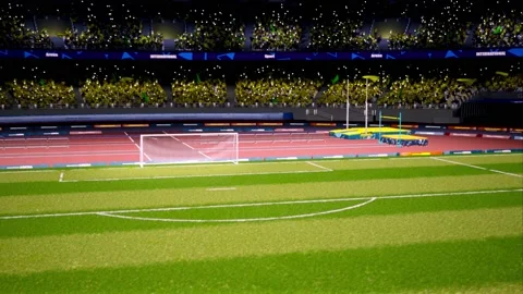 Crowd fan with flags around night soccer arena waving flashlights Stock Footage 155759697