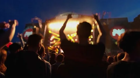 Crowd of fans are cheering at open-air music festival, back view. Live concert. Stock-Footage 154158635