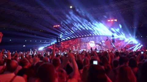 A crowd of fans dance and applaud in front of the big stage. Stock Footage 224725536