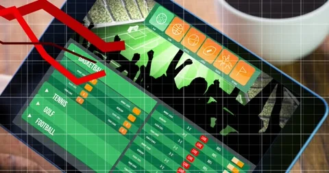 Crowd figures appearing on tablet on table with cup while red graphs animating Stock Footage 330676310