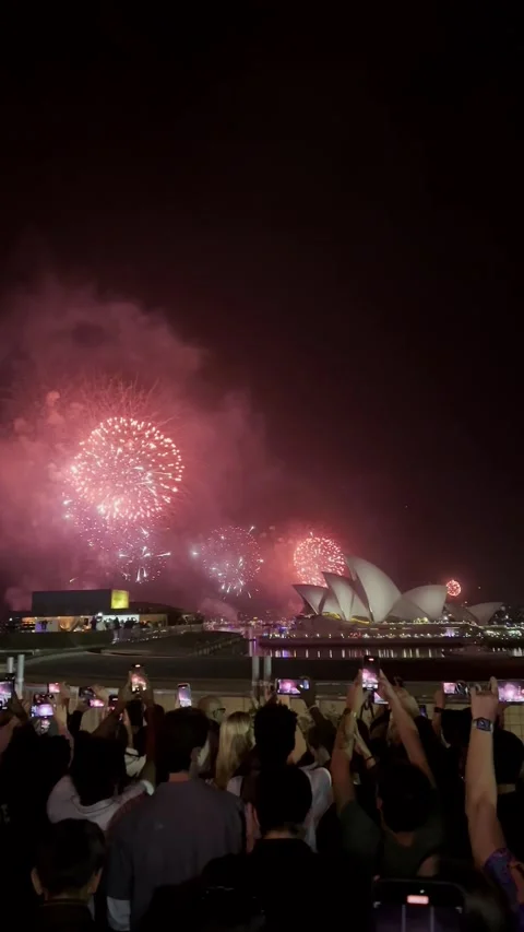 Crowd filming fireworks over Opera House Stock Footage 345704219