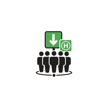 Crowd following exit sign with down arrow and hospital symbol Ilustración de archivo
