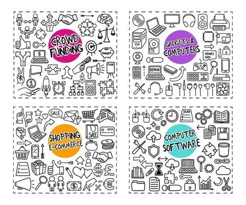 Crowd Funding, Gadgets, Computer Software, Shopping doodle icons set Stock Illustration