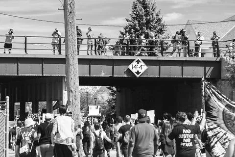 Crowd gathered around a bridge Stock Photos