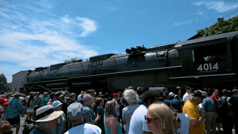 Crowd gathers around the famous Union Pacific Big Boy No. 4014 steam locomotive Stock Footage 341542476