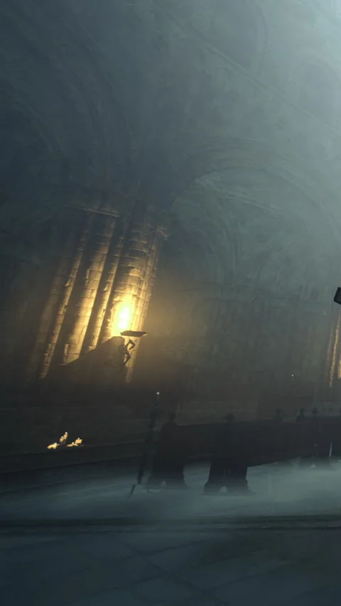 Crowd gathers inside an ancient structure with dim lighting and shadows Stock Footage 332220923
