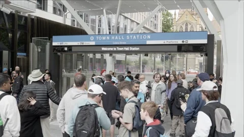 Crowd Gathers Outside Town Hall Station on Opening Day Stock Footage 322075943