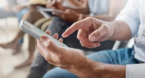 Crowd, hands and man on mobile app in seminar for online notes, info and digital Stock Photos