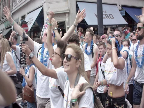 Crowd is having fun at the Gay Parade Pride London LGBT Stock Footage 77655797