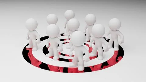 Crowd of humanoid figures standing on red target in 3D render Stock Illustration