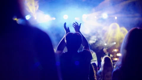 Crowd Jumping and Clapping at Nighttime Outdoor Concert with Lights Stock Footage 312943322