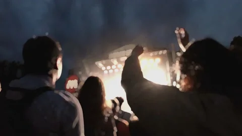 The crowd of jumping fans raise their hands in the air. Live music concert Stock Footage 150396985