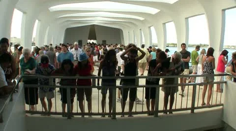 Crowd looking down at the Arizona Memorial Stock-Footage 10759748